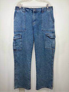 eXcuse Womens Denim Cargo Jeans Blue Straight Leg High Rise Y2K Baggy Size XL